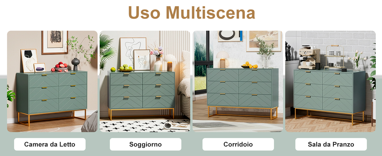 Il testo recita: «Uso Multiscena». Serie di immagini che mostrano mobili verde menta in diverse ambientazioni della stanza, a dimostrazione di scenari di utilizzo versatili.