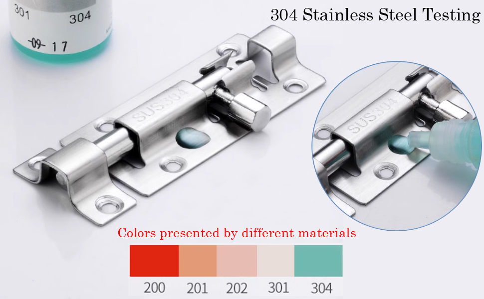 304 stainless steel slide bolt latch with mounting holes, shown with color-coded material options ranging from 200-304 grades, featuring close-up detail view.