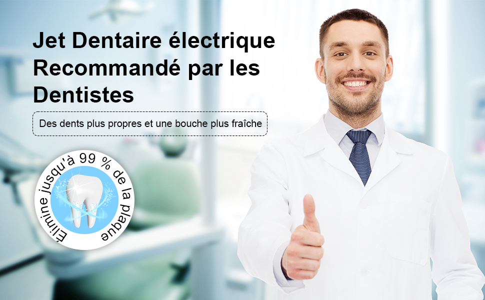 Publicité pour un hydropulseur dentaire électrique, comportant un texte en français et un sceau indiquant une efficacité d'élimination de 99,99 % de la plaque dentaire