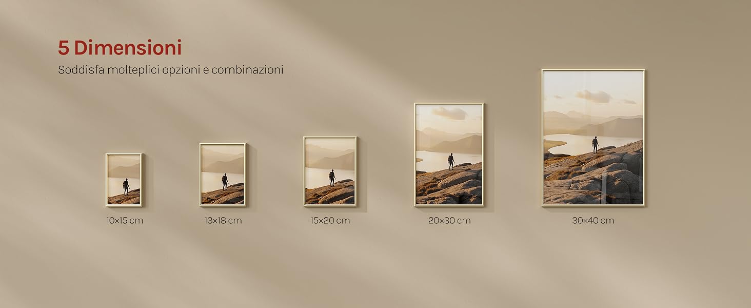 Il testo dice «5 Dimension». Serie di 5 immagini progressive che mostrano dimensioni crescenti, disposte orizzontalmente su uno sfondo beige.