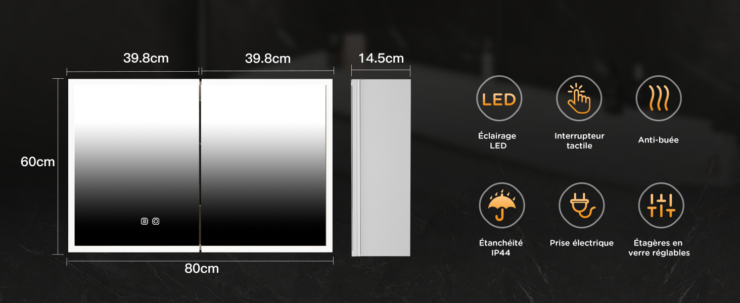 Affichage de l'interface électronique affichant des icônes circulaires et des options de menu avec du texte blanc sur fond sombre.