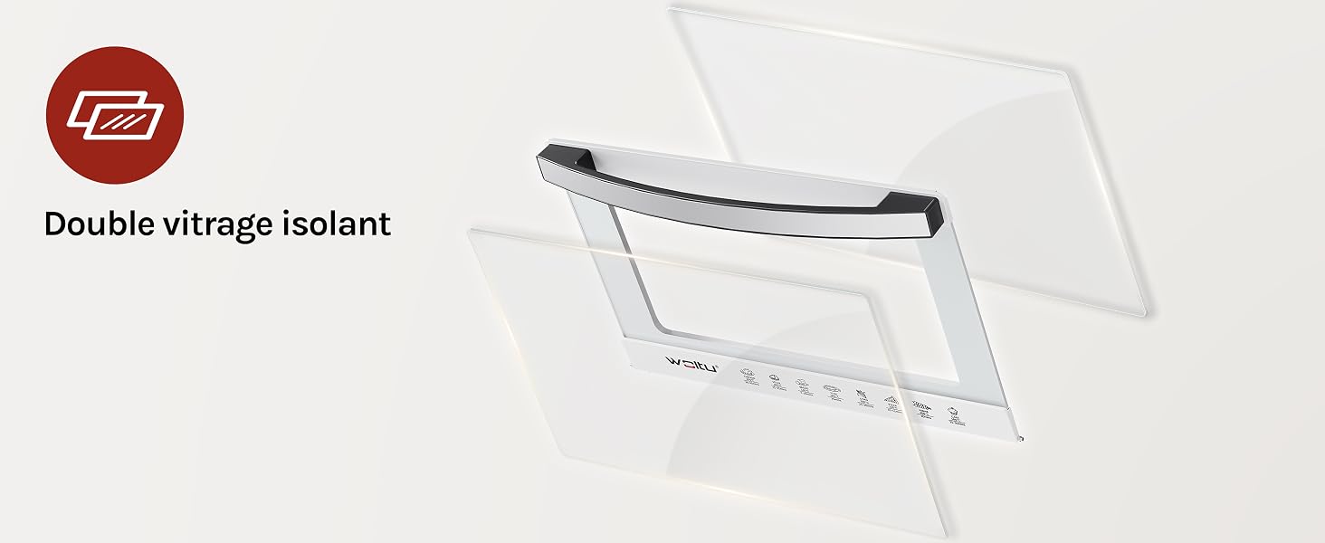 Le texte indique « Isolant à double vitrage ». Composant en verre ou en plastique transparent à double vitrage illustré avec une bande de protection.
