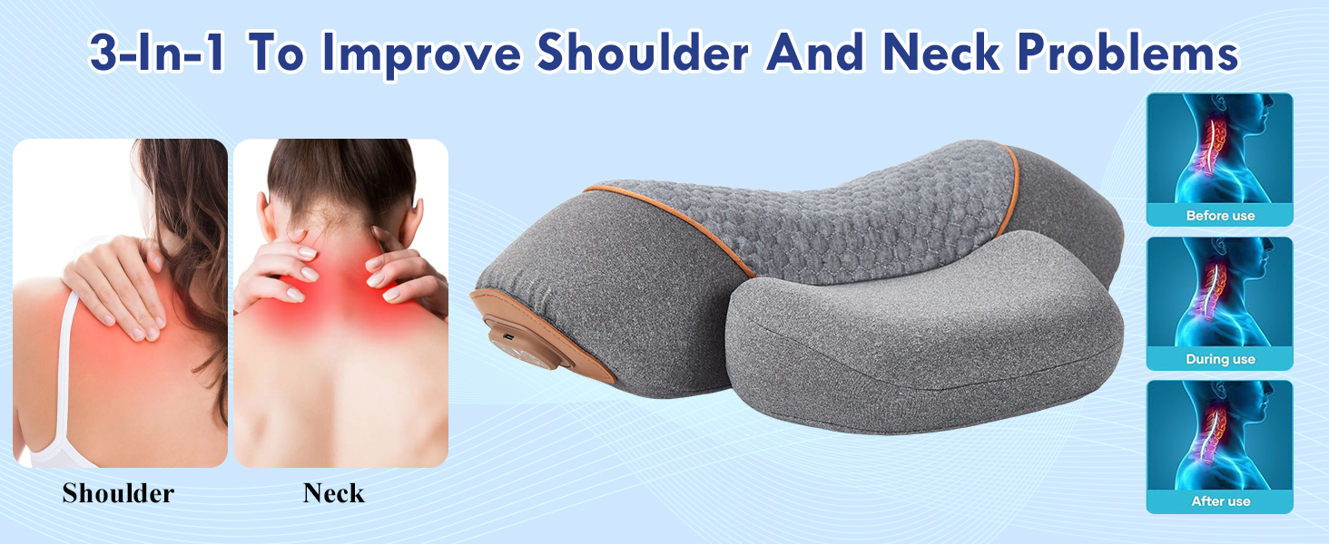 Le texte indique « 3 en 1 pour améliorer les problèmes d'épaules et de cou ». Coussin de soutien de la nuque ergonomique gris illustré sous plusieurs angles avec des diagrammes indiquant la position du cou.