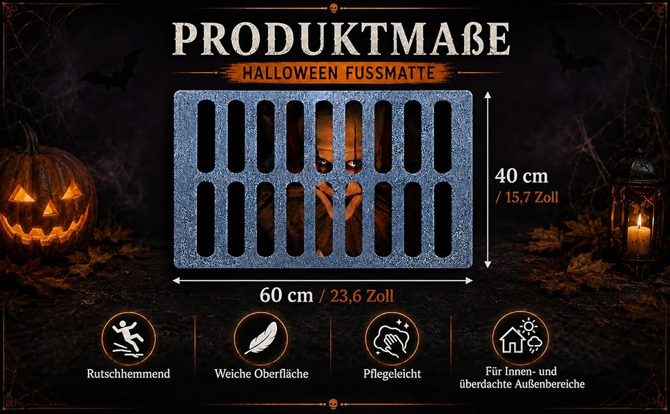 Der Text lautet „PRODUKTMABE HALLOWEEN FUSSBARE“ mit den Maßen „60 cm“ und „40 cm“. Tor/Zaun aus blauem Metall im Halloween-Stil mit Kürbismotiv im Kürbis-Design. Vier Anwendungssymbole unten zeigen Funktionen und Einsatzmöglichkeiten.