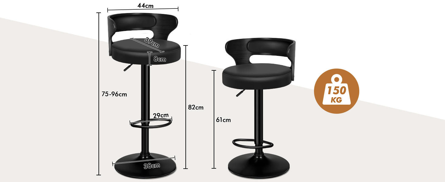 Technical product diagram showing adjustable bar stools in black finish with measurements and specifications indicated for different height positions.