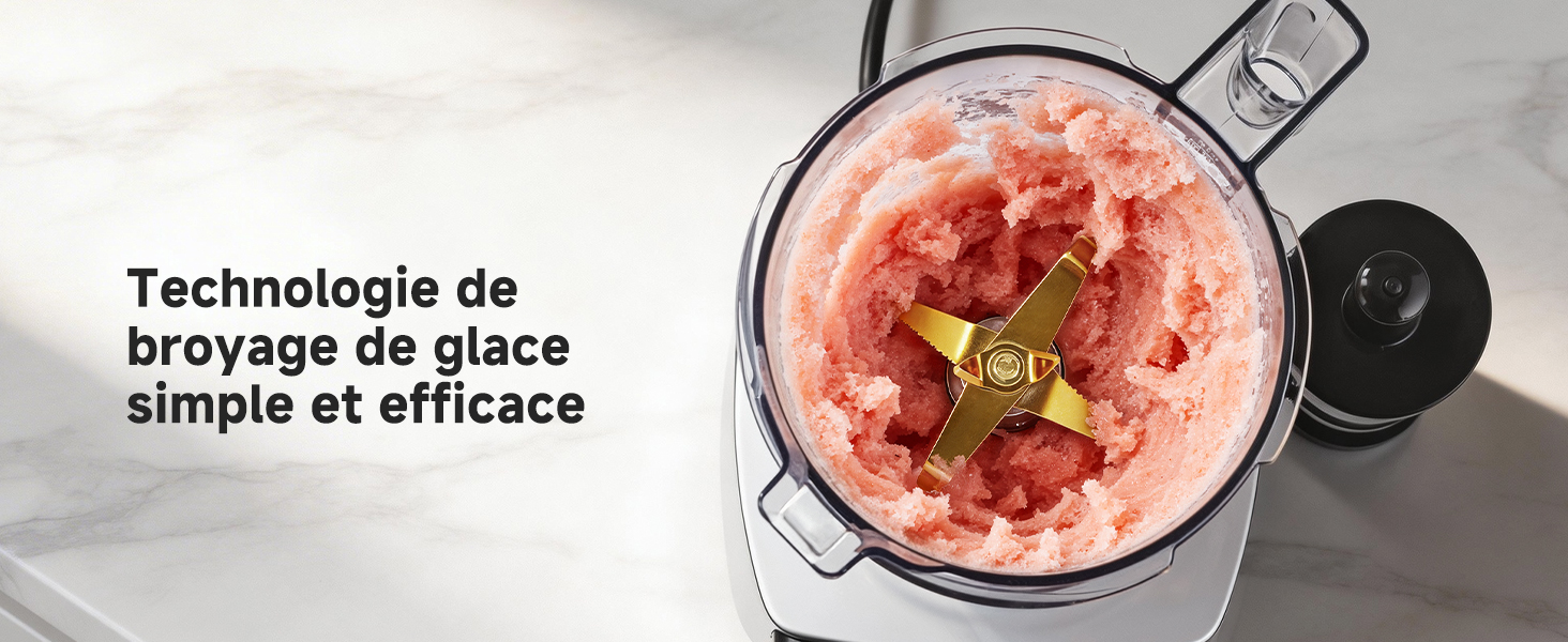 Le texte se lit comme suit : « Technologie de broyage de glace simple et efficace ». Boisson glacée pilée dans un pichet mélangeur foncé avec panneau de commande sur fond gris.