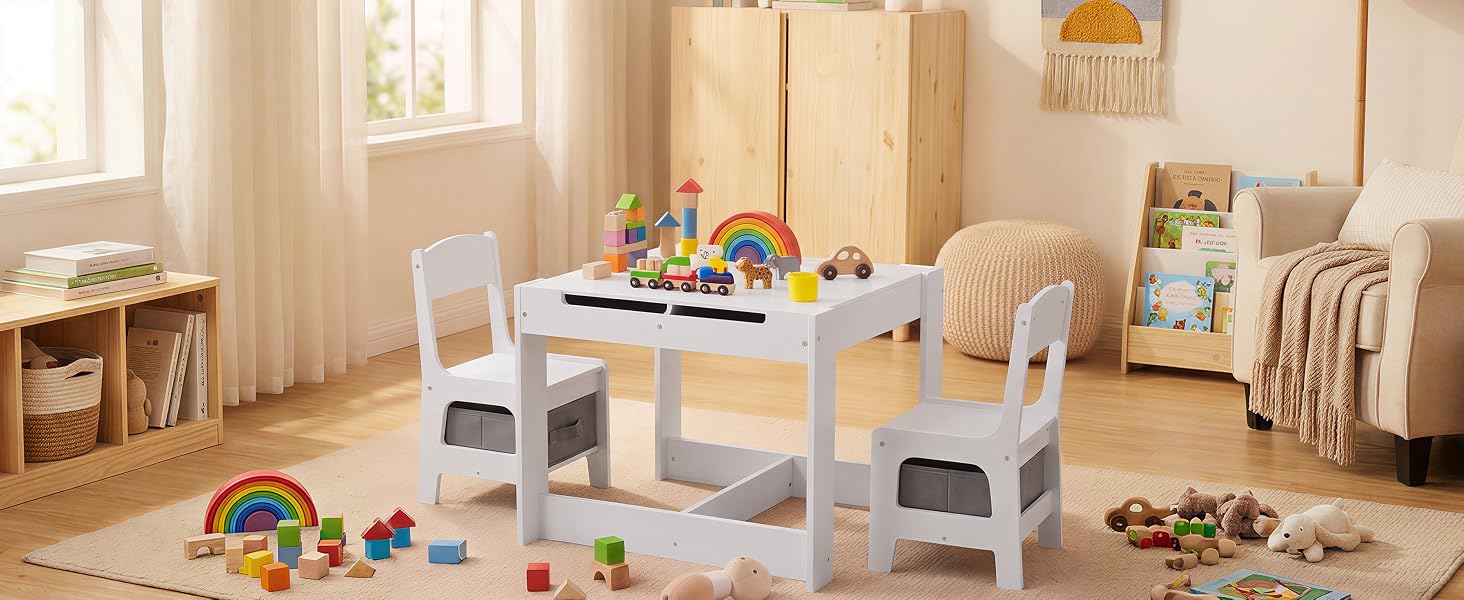 Light wood shelving unit with multiple compartments storing toys, books, baskets, and educational materials in a bright, organized children's playroom.