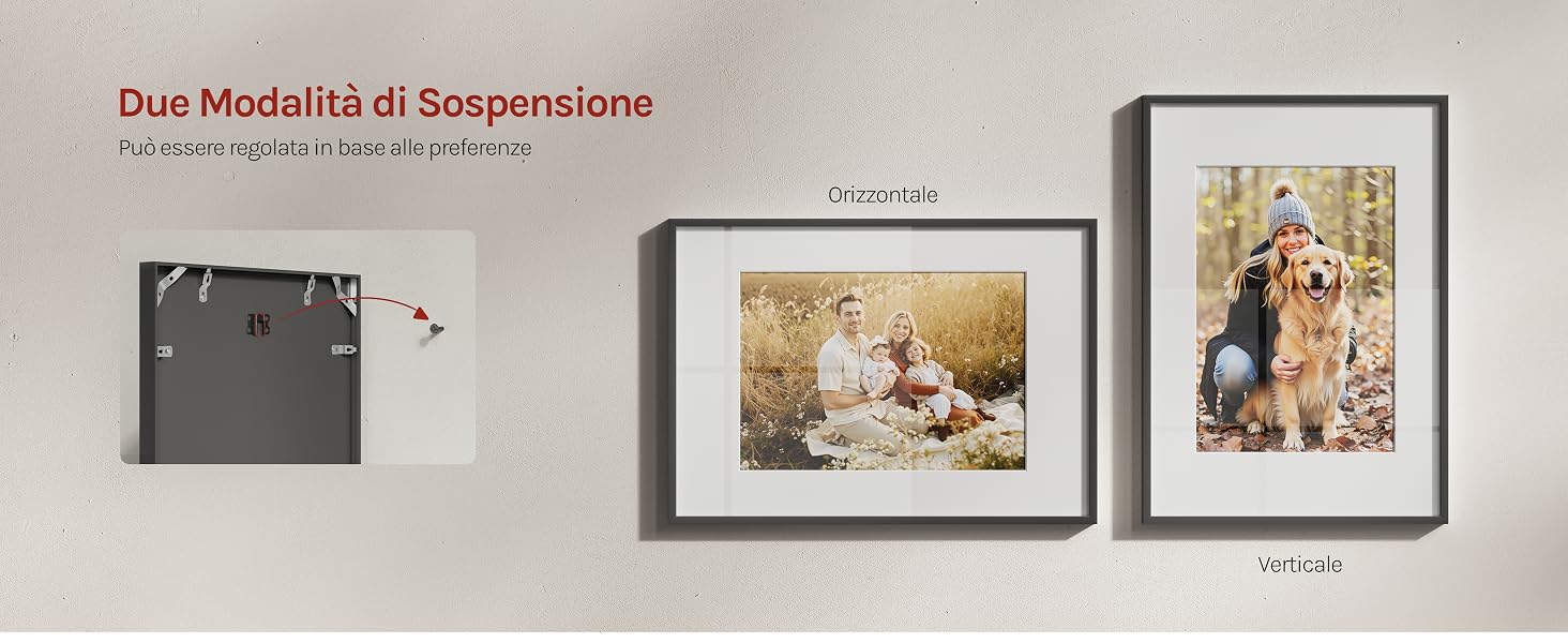 Display digitale con cornice per foto che mostra più immagini incorniciate montate su una parete. Mostra l'interfaccia e la navigazione tra le diverse opere d'arte visualizzate.