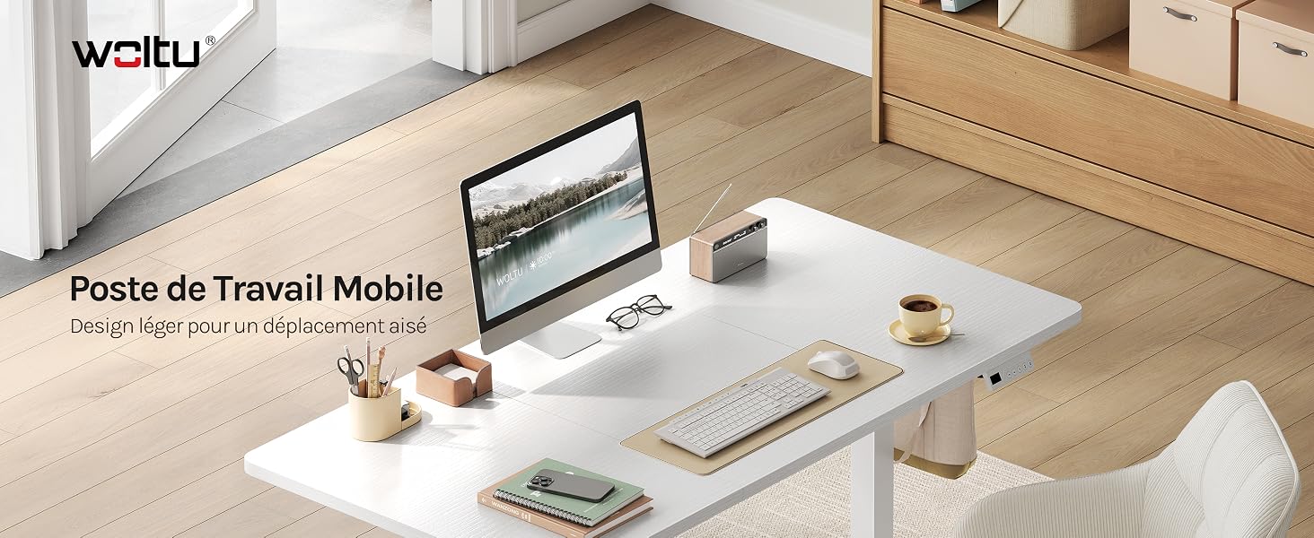 Le texte indique « WATU » et « Posto de Trabalho Mobile » avec un ordinateur portable, des accessoires de bureau, une surface de bureau en bois et des éléments d'espace de travail organisés présentés dans une configuration de bureau à domicile moderne.