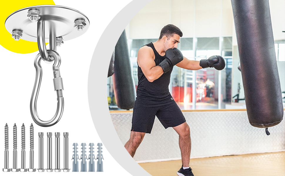 : La imagen de la izquierda muestra el soporte de techo metálico con gancho. La imagen de la derecha muestra a una persona golpeando un saco de boxeo en un gimnasio. Se ven tornillos y anclajes metálicos.