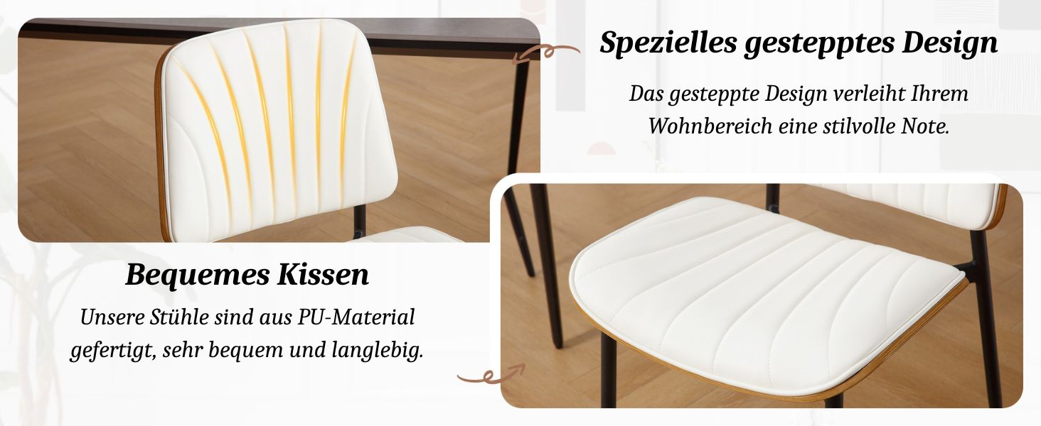 Beiger Stuhl mit weiß gepolstertem Sitz und Rückenlehne. Die Kissen sind mit senkrechten gelben Streifen versehen. Der Stuhl hat einen geschwungenen Holzrahmen mit elegantem, modernem Design.