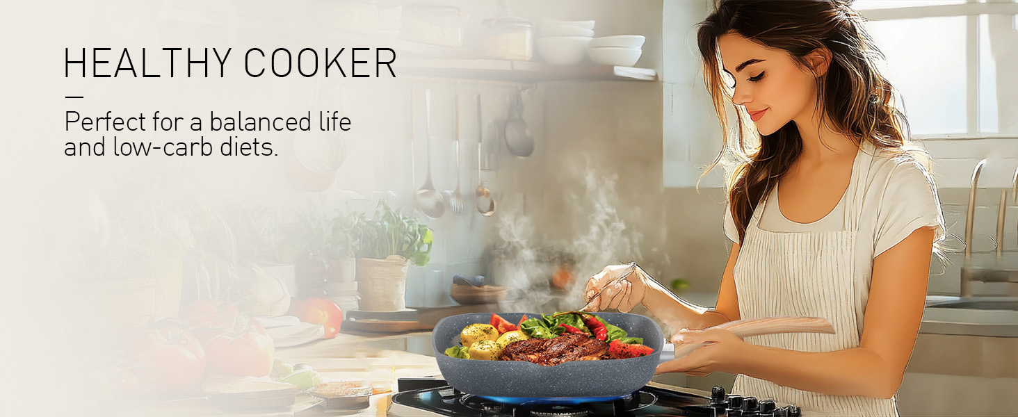 Text reads 'HEALTHY COOKER Perfect for a balanced life and low-calorie diet.' Shows cooking scene with vegetables in a pan on stovetop.