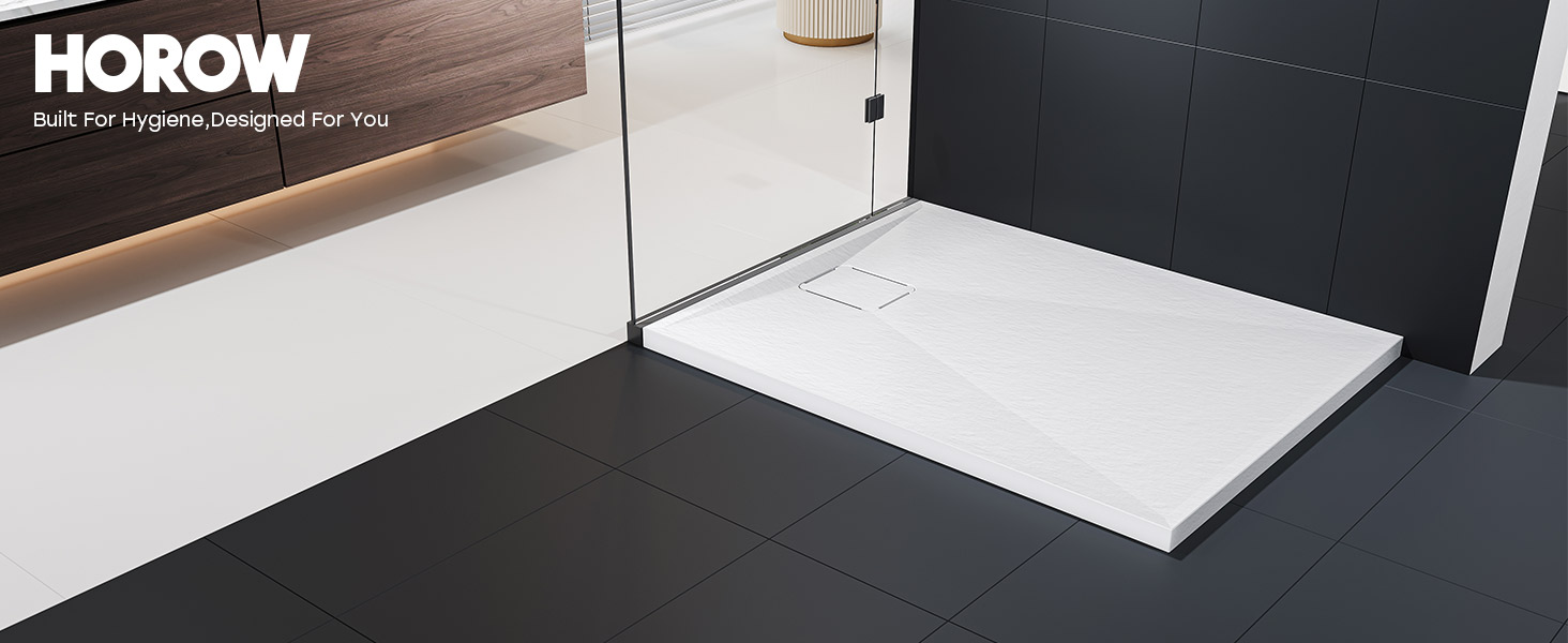Text reads 'HOROW'. Multiple views of a white rectangular shower base or floor panel installed against dark tiles, showing seamless integration with bathroom floor.
