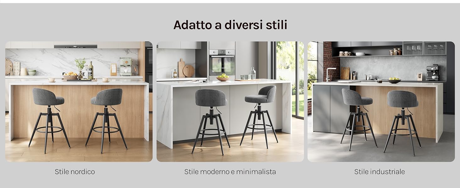 Il testo dice 'Adatta a diversi stili'. Tre varianti di design degli interni che mostrano sgabelli da bar con diverse configurazioni e opzioni di stile per la cucina e la sala da pranzo.