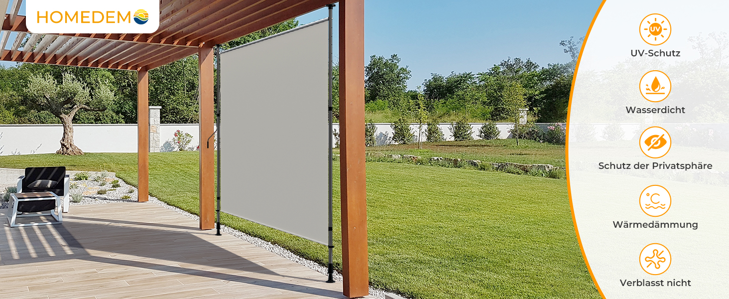 Der Text lautet „Bild 7“. Außenterrasse mit Holzpergola und ausziehbarem Sichtschutz. Die rechte Seite zeigt die Kartenoberfläche mit Ortsmarkierungen.