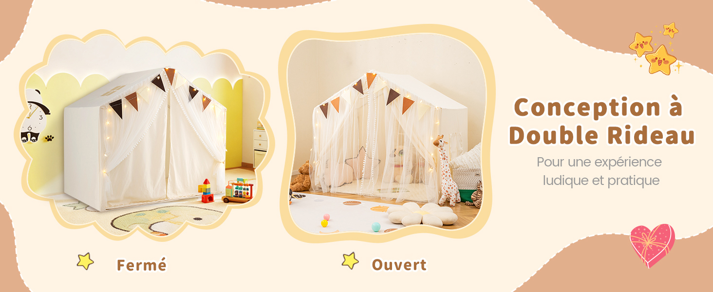 Le texte se lit comme suit : « Double rideau » et « Conception à ». Séquence d'images marketing montrant le processus d'installation d'un rideau beige et une démonstration d'accrochage avec des éléments décoratifs.