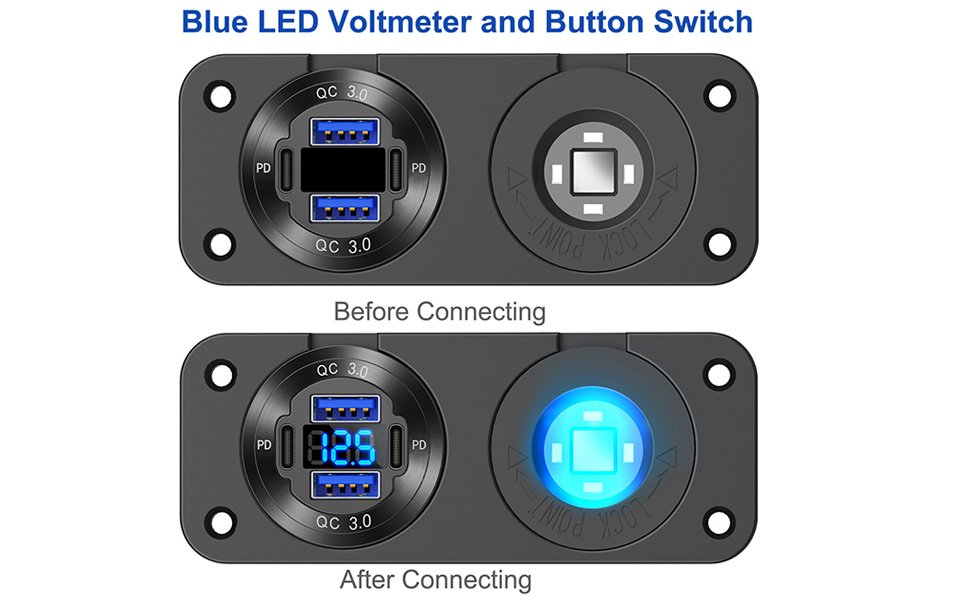Le texte indique « Voltmètre à LED bleue et interrupteur à bouton ». Comparaison à deux panneaux montrant l'affichage numérique du voltmètre avant et après la connexion, avec éclairage LED bleu dans le panneau inférieur.