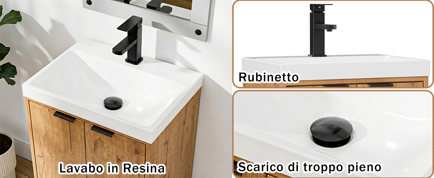 Il testo recita «Lavabout», «Résine», «Scarico di troppo pieno». Immagini sequenziali che mostrano il processo di installazione di una bacinella o di un contenitore bianco.