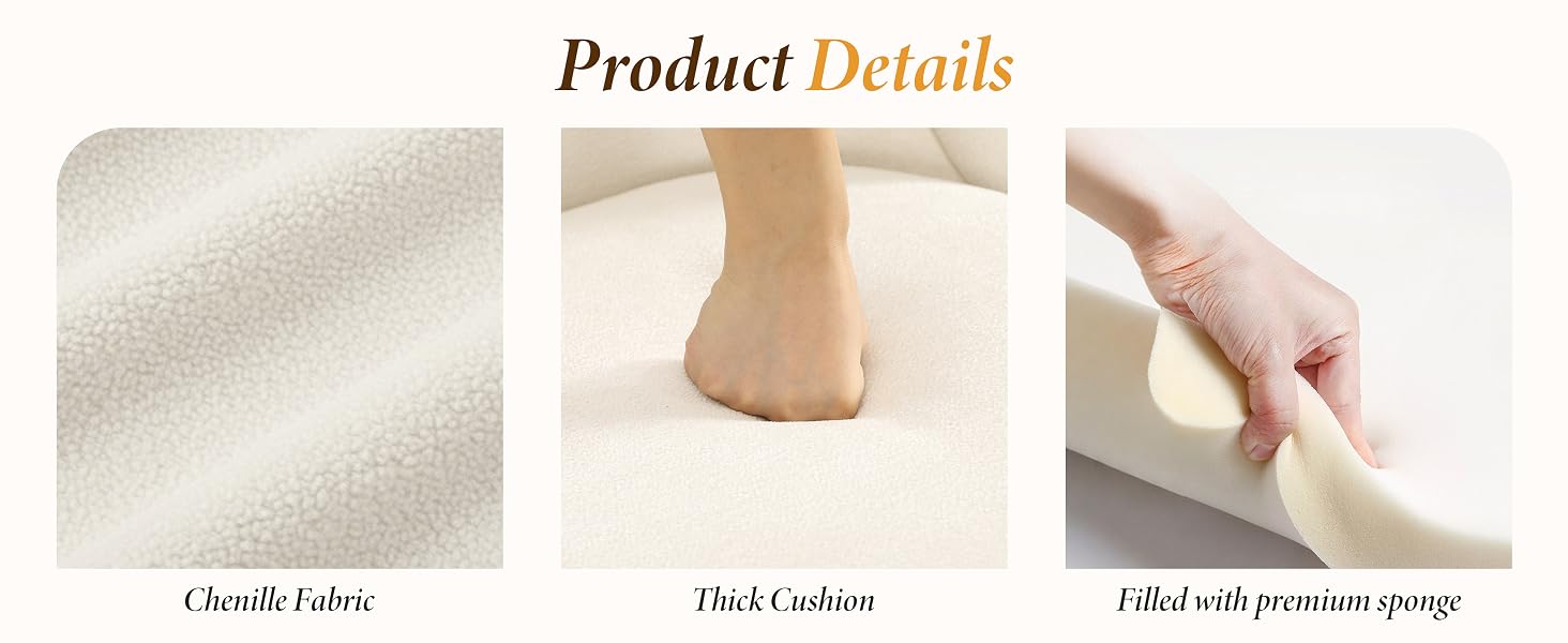 Text reads 'Product Details'. Three panel product showcase: Left shows chenille fabric texture, center shows foot against surface, right shows pressure spring demonstration.