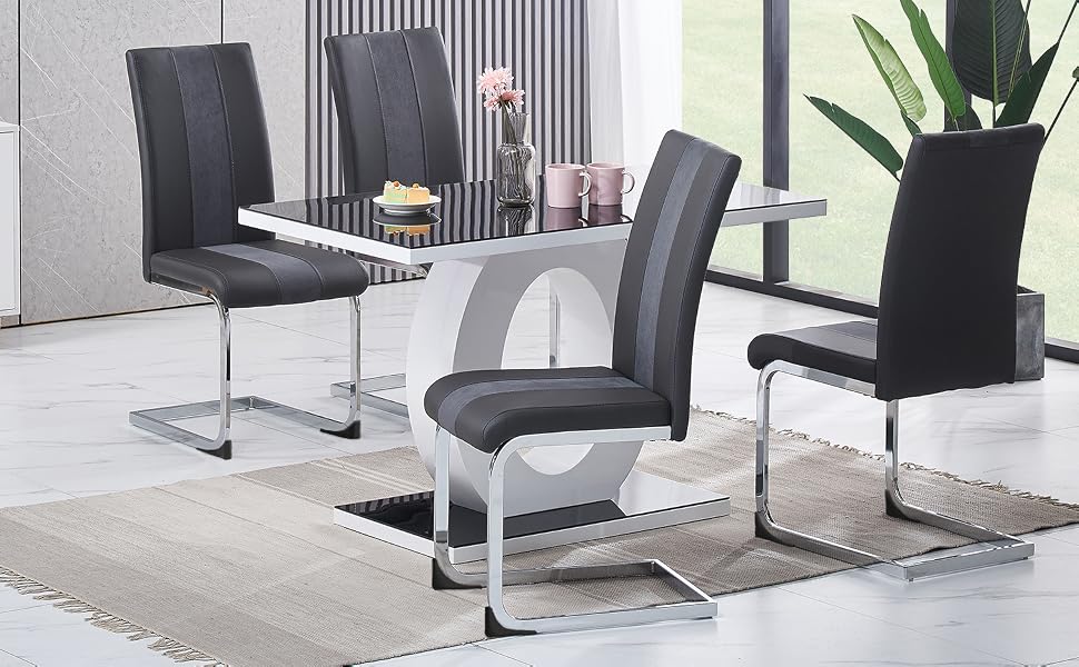 Dining Chairs Set of 4 Modern PU Faux Leather- High Back Dark Grey Padded Seat with Chrome Legs- Upholstered Seat Modern Kitchen Chairs for Living Room Dining Room