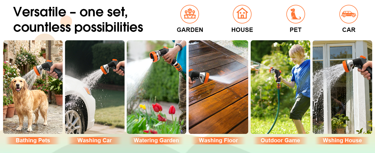 El texto dice 'Versátil: un conjunto, innumerables posibilidades' con iconos para JARDÍN, HOGAR, MASCOTA, COCHE. El banner muestra varias escenas al aire libre con perros, herramientas de jardinería y actividades de mantenimiento del hogar.