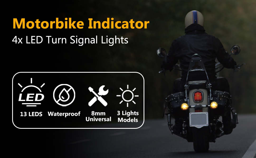 Motorcycle LED turn signal lights. Features 13 LEDs, waterproof design, 8mm universal fit, and 3 light modes for enhanced visibility and safety while riding.