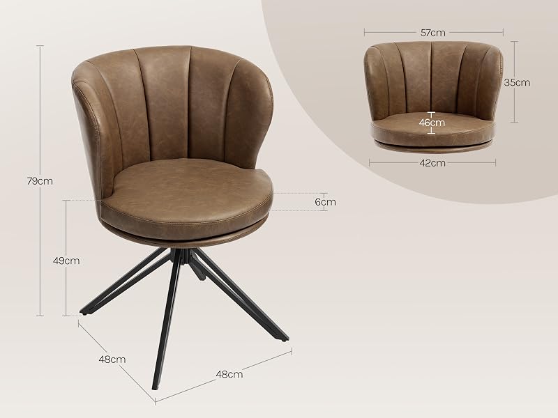 Silla giratoria moderna con medidas dimensionales mostradas. Cuenta con tapicería color canela, diseño con respaldo de carcasa y base en forma de estrella de metal negro.