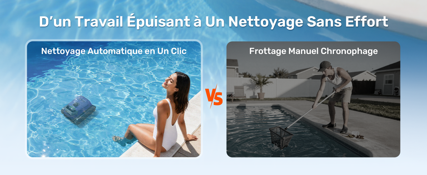 Le texte se lit comme suit : « D'un travail épuisant à un nettoyage sans effort », « Nettoyage automatique en On Off », « Frottage Manuel Chronomètre ». Image de comparaison divisée : la gauche montre le nettoyage automatique de la piscine, la droite montre le nettoyage manuel. Publicité de matériel de nettoyage de piscine en français.