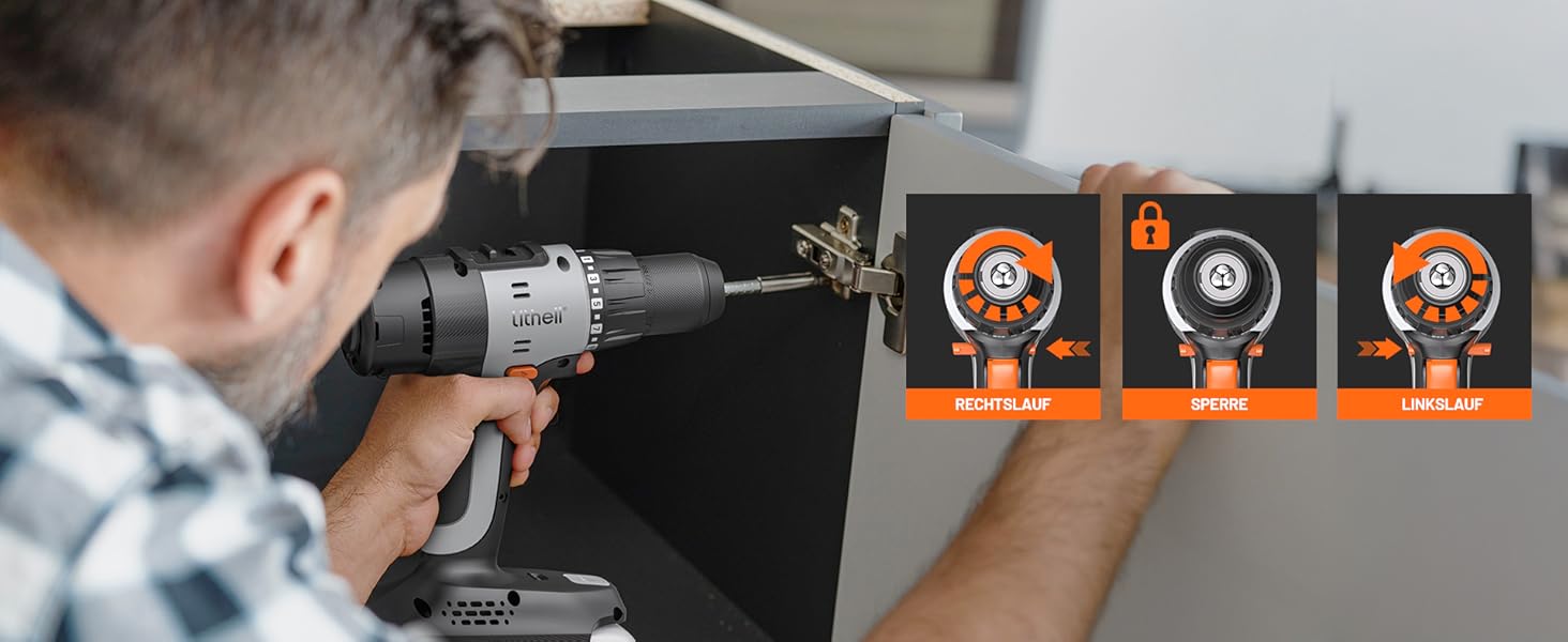 Person, die eine Akkubohrmaschine verwendet, um Metallhalterungen zu installieren. Drei orangefarbene und schwarze kreisförmige Produktbilder mit den Beschriftungen „METAL-EP“, „TIMBER“ und „METAL-PT“ werden angezeigt