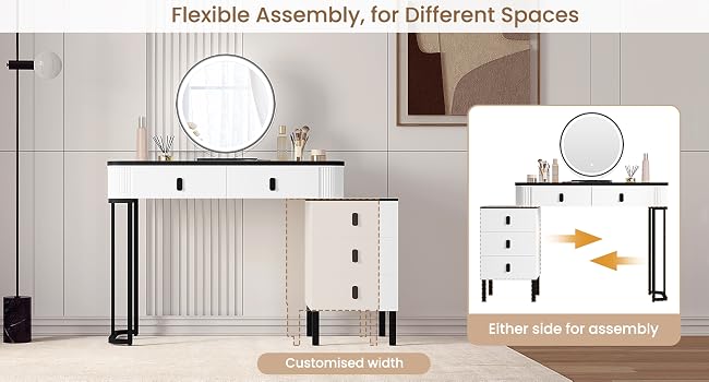 Modular vanity table with adjustable width, featuring white drawers, black frame, and round mirror. Assembly diagram shows flexible side positioning for space customization.