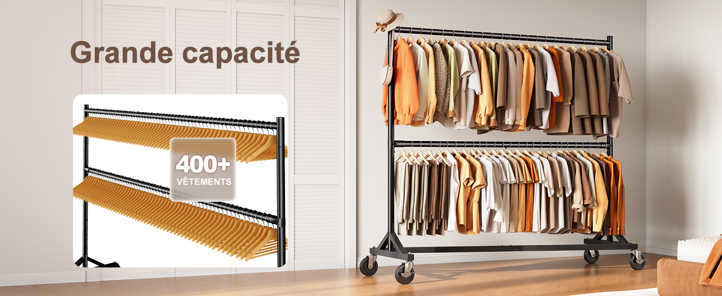 Le texte indique « Grande capacité » et « 400+ ». Système de porte-vêtements commercial présenté sous plusieurs angles, affichant une grande capacité de rangement des vêtements.