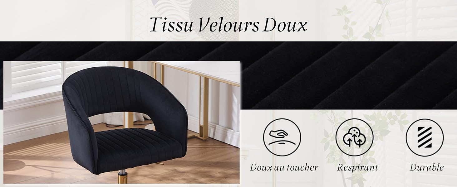 Le texte indique « Tissu Velours Doux ». Fauteuil rembourré noir avec trois icônes indiquant les caractéristiques liées au tissu.