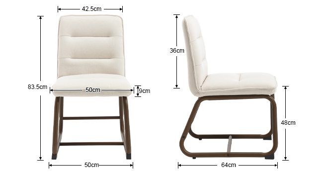 Technisches Diagramm, das die Maße eines modernen Sessels aus mehreren Blickwinkeln zeigt. Die angegebenen Maße beinhalten eine Breite von 50 cm, eine Tiefe von 64,5 cm und verschiedene Höhenmaße.