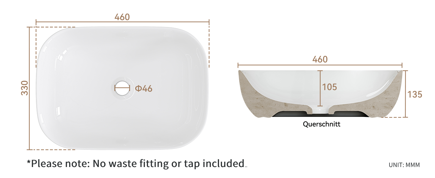 Text reads '*Please note: No waste fitting or tap included'. Technical diagram showing measurements and dimensions of a curved surface or basin in grayscale.