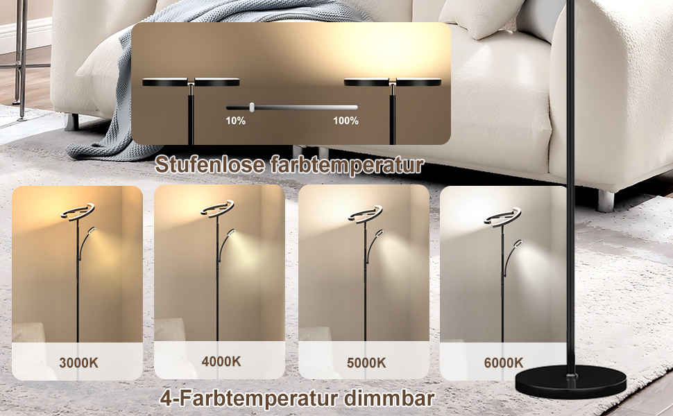 LED Stehleuchte mit einstellbarer Farbtemperatur. Vier Panels zeigen die Lampe mit den Einstellungen 3000K, 4000K, 5000K und 6000K. Inklusive stufenlosem Temperaturregler