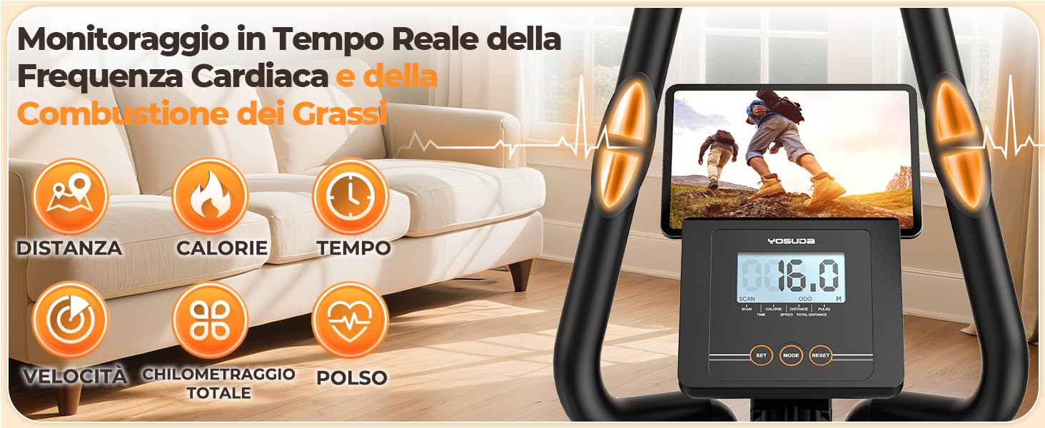 Il testo recita «Monitoraggio in Tempo Reale della». Interfaccia che mostra le funzionalità di monitoraggio della salute con icone per le statistiche su distanza, calorie e tempo in uno schema di colori arancione e bianco.