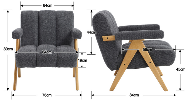 Technical diagram showing measurements and dimensions of a dark gray modern sofa or chair with wooden legs, displayed from multiple viewing angles.