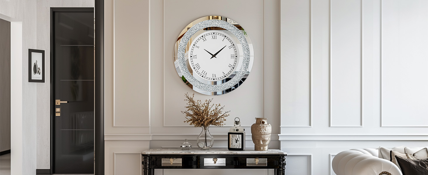 Artloge Diamante Orologio da Parete Rotondo: 60cm Orologio Decorativo Specchio Vetro Orologio Silenzioso da Muro per Cucina Soggiorno Entrata Salotto Decorazione Camera da Letto, argento