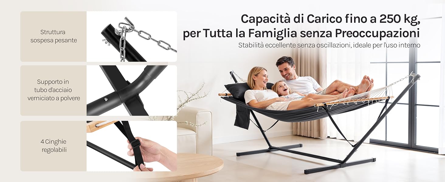 Il testo recita «Capsula di Carico fino a 250 kg». Immagine promozionale che mostra un'amaca o un lettino portatile in posizione ripiegata e sistemata, con una persona che si rilassa in posizione aperta.