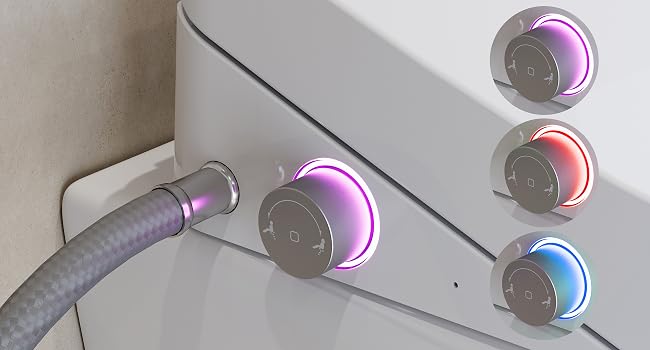 Sequence of images showing electronic device with purple and blue illuminated indicators. Multiple shots demonstrate different positions or settings.