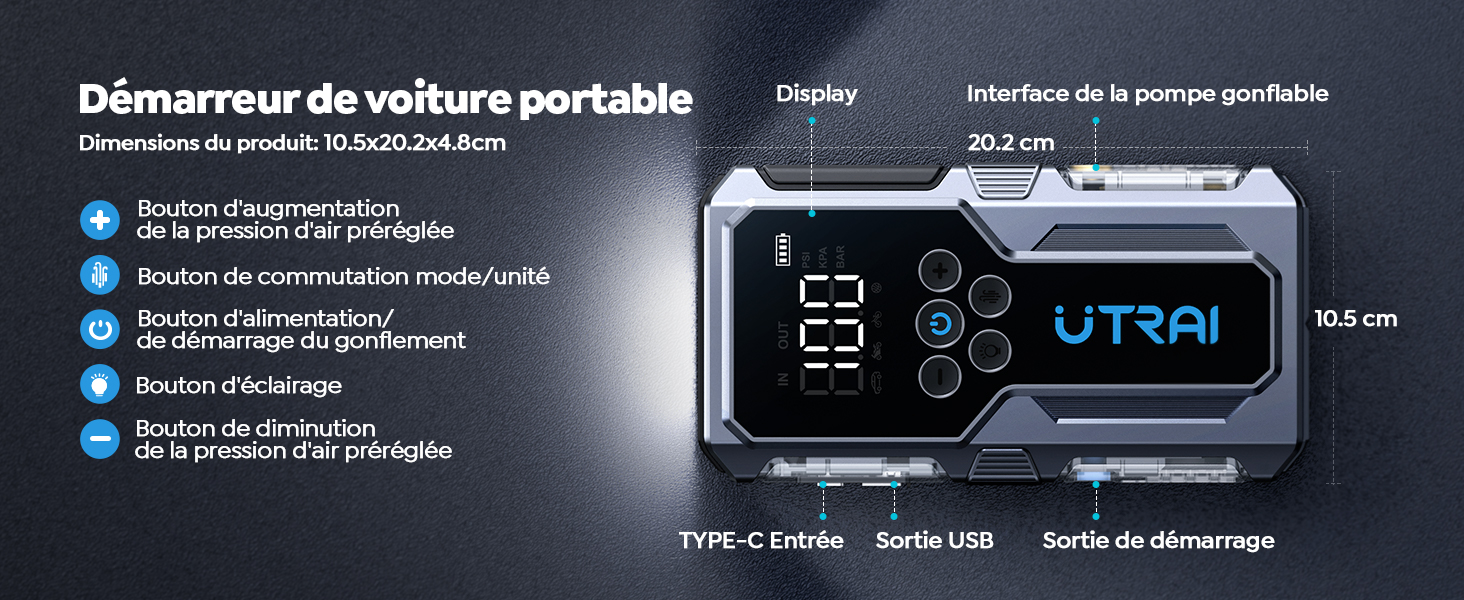 Dispositif de démarrage portable pour voiture avec affichage numérique. Les fonctionnalités incluent le réglage de la pression, la sélection du mode et l'éclairage. Design compact avec sorties USB et Jump Start.