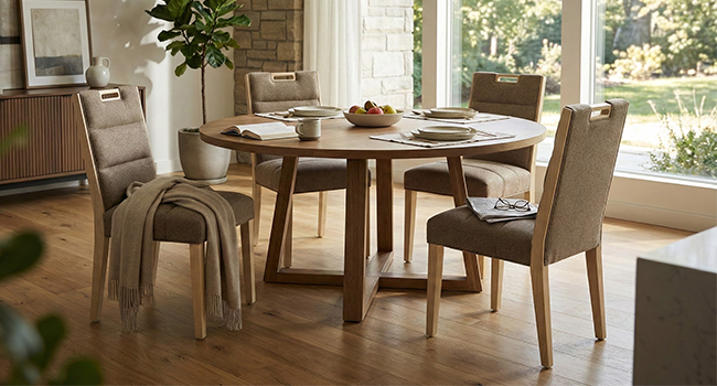 Modern dining room interior featuring wooden furniture sets. Multiple views of light wood tables and chairs in a bright, window-lit space with plants.
