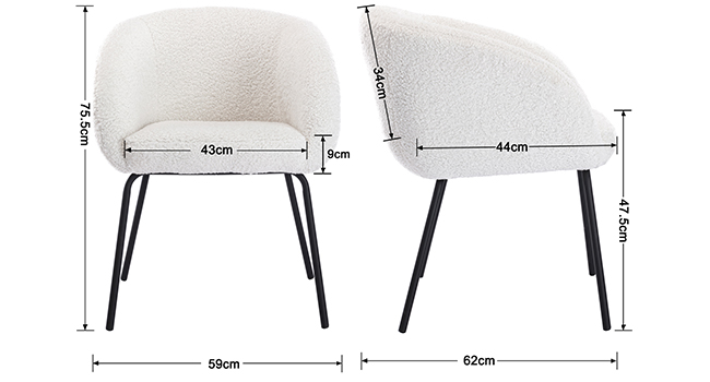 Schéma technique des chaises de salle à manger rembourrées blanches avec pieds en métal noir, montrant les dimensions et les mesures sous plusieurs angles