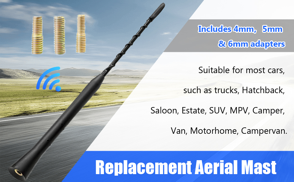 Replacement car aerial mast with signal icons and text showing compatibility for 4mm, 5mm, and 6mm adapters. Suitable for various vehicle types including cars, trucks, and campervans.