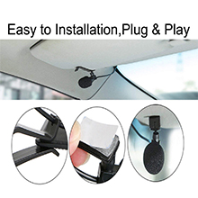 Four images demonstrating easy installation of a car accessory. Shows a device mounted on a car's interior roof and close-ups of its mounting mechanism.