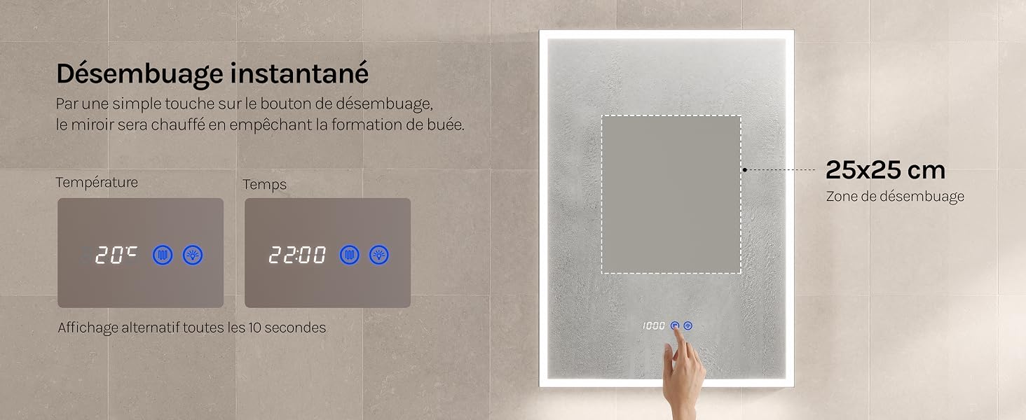 Le texte indique « Dörschlusse Instantand » et les dimensions du produit « 25 x 35 cm ». Produit à surface réfléchissante ou miroir présenté dans un décor intérieur beige neutre.