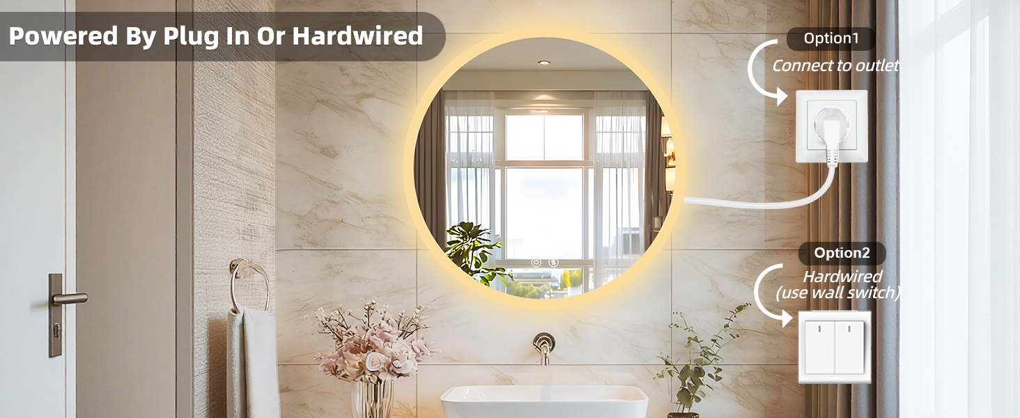 Il testo dice «Alimentato da Plug In Or Hardwired». Interni moderni con diverse lampade a parete in un corridoio dai toni del beige con elementi di design contemporaneo.