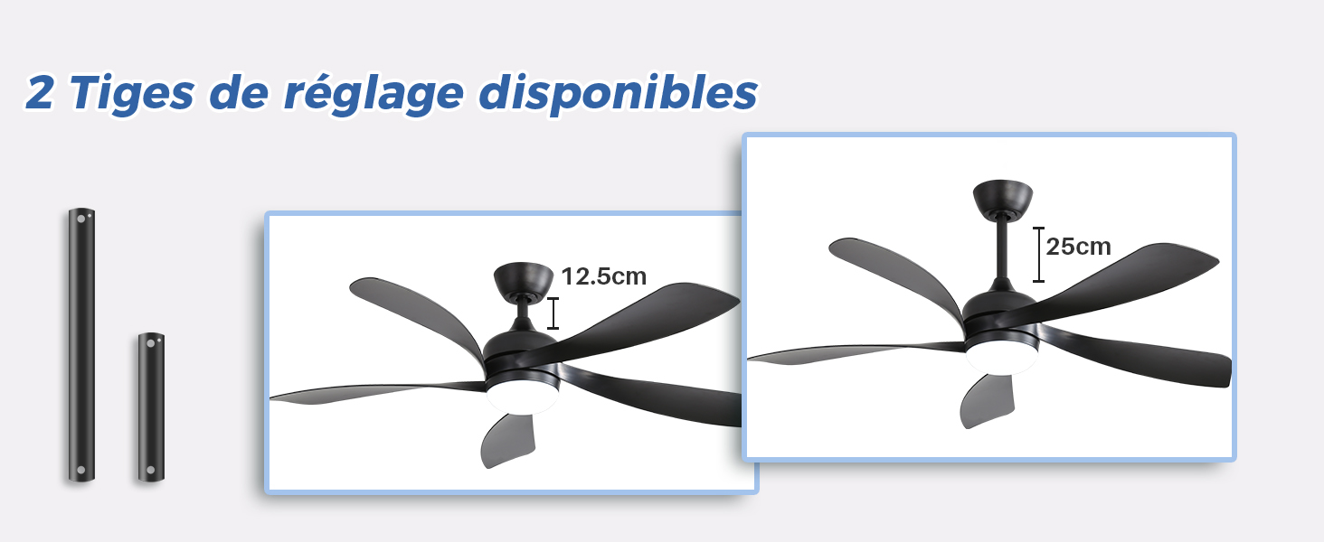 Le texte indique « 2 types de réglage disponibles ». Ventilateur de plafond avec deux configurations de support de montage illustrées côte à côte, avec les composants du matériel d'installation affichés à gauche.