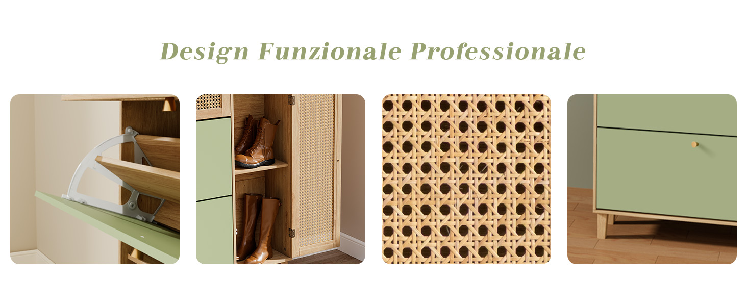 Il testo recita «Design Funzionale Professionale». Serie di immagini di dettaglio dei mobili che mostrano gli angoli degli armadi, i motivi decorativi e le soluzioni di archiviazione.
