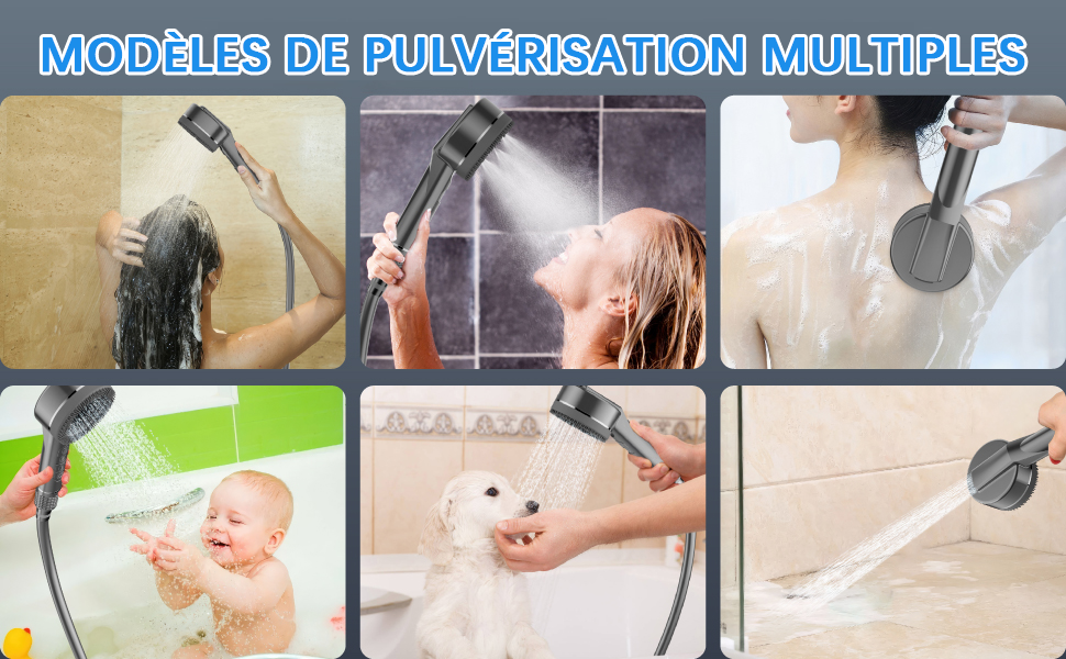 Der Text lautet: „MODÈLES DE PULVÉRISATION MULTIPLES“. Sammlung von Fotos, die Sprühdüsen und Reinigungsanwendungen in verschiedenen häuslichen Umgebungen zeigen.